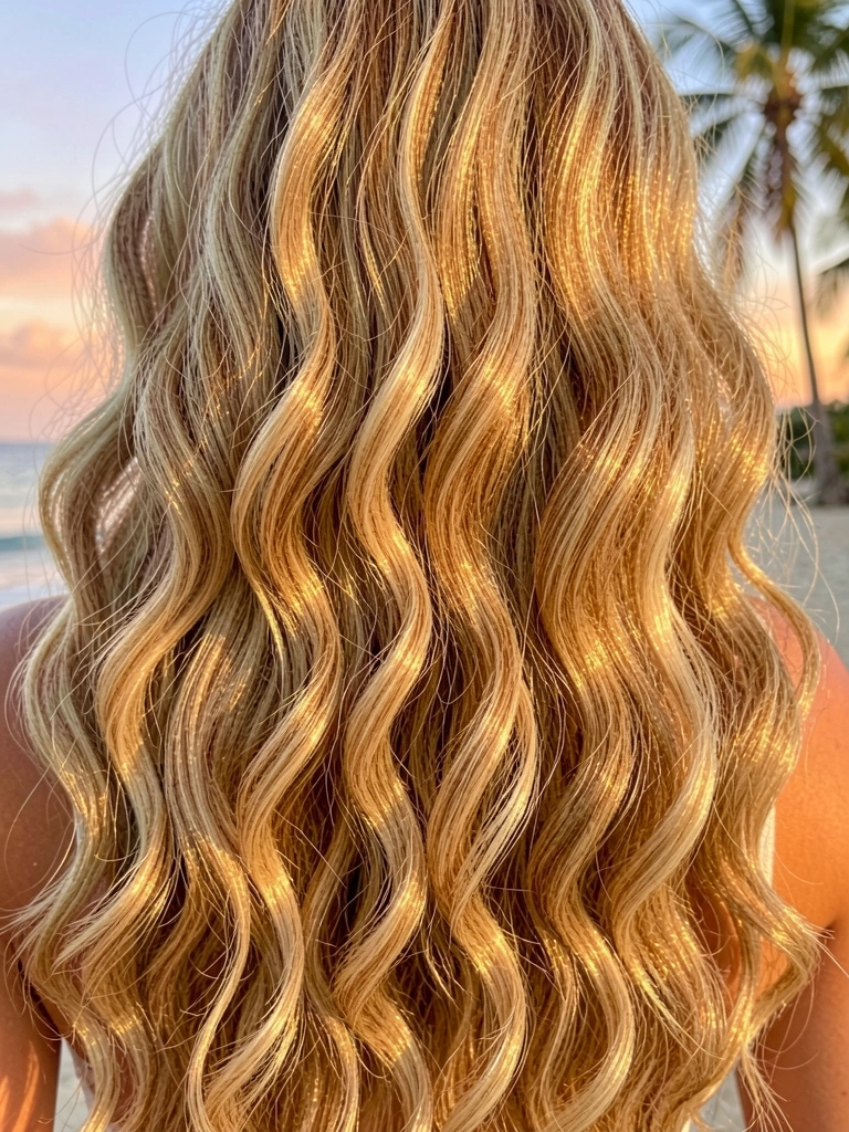 Cabelo loiro dourado com balayage em camadas, ondas volumosas captando luz natural, fios com reflexos caramelados e mel.