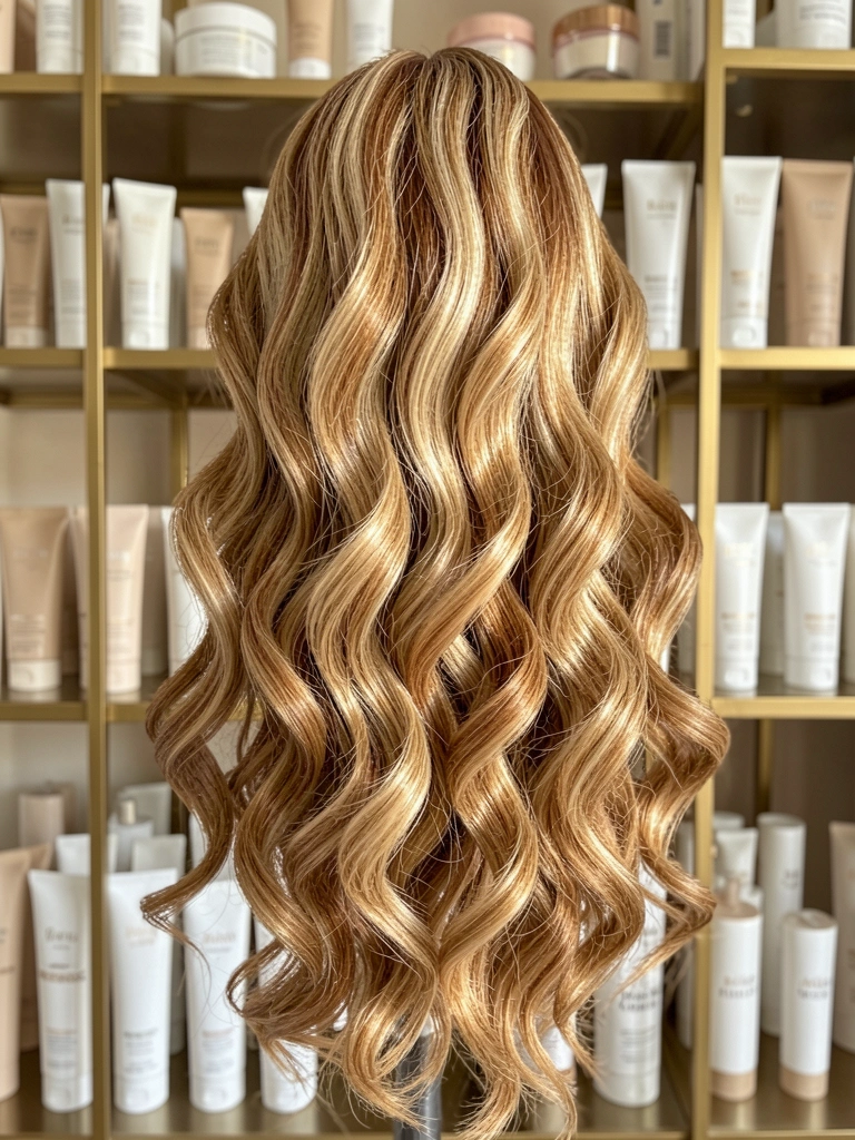 Cachoeira de cabelos loiros com mechas carameladas sobre prateleira dourada com frascos de skincare brancos e beges, luz natural quente.