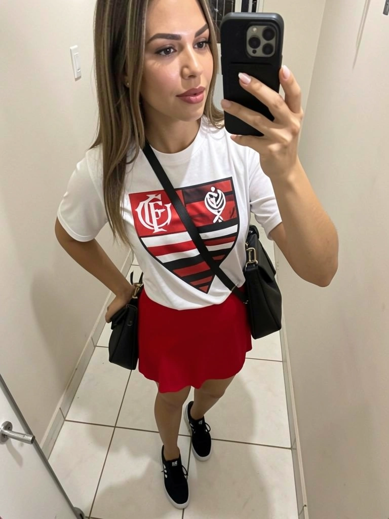 Mulher de camisa branca com logo do Flamengo vermelho, saia vermelha e tênis preto em pose de selfie.