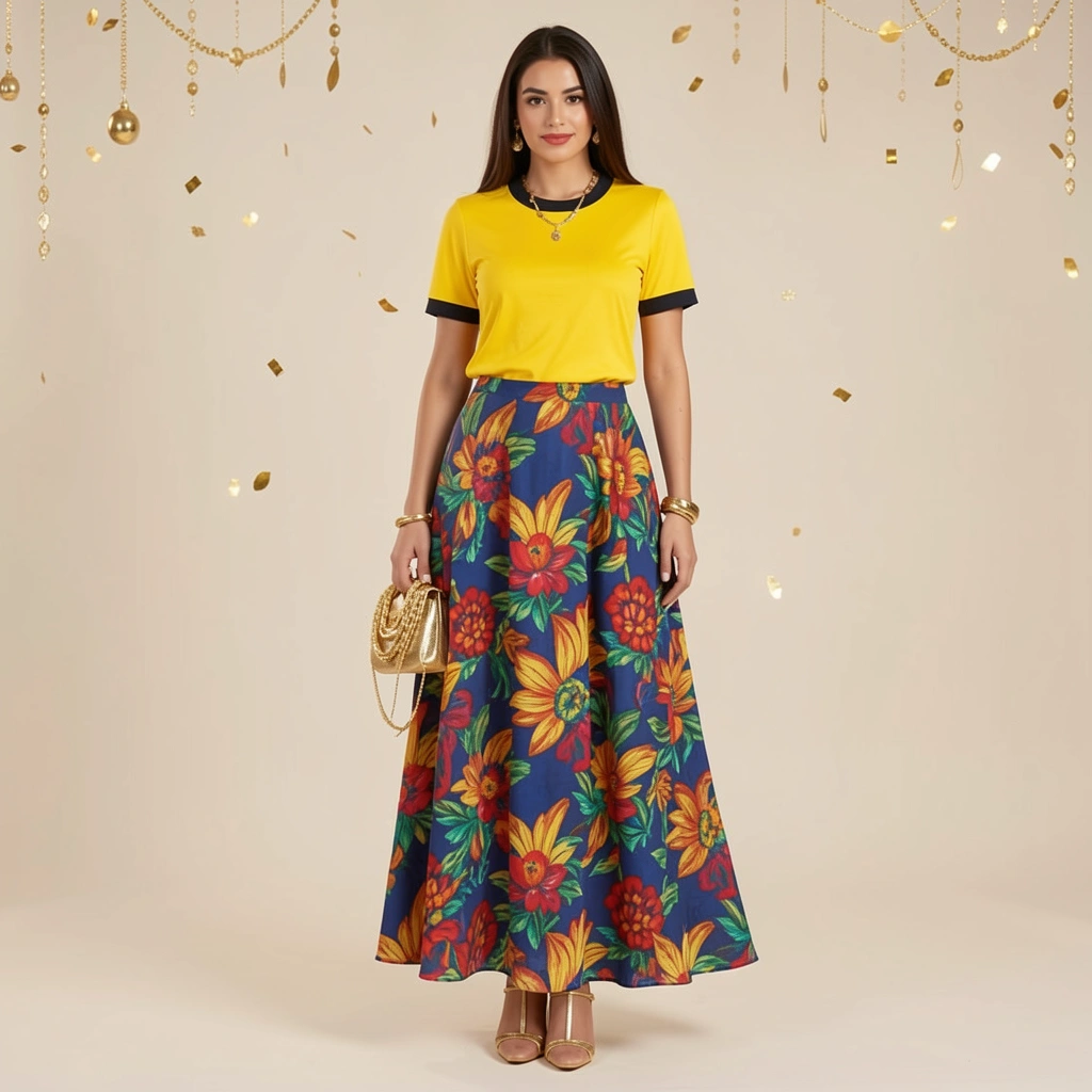 Camisa amarela da seleção brasileira com saia longa estampada e acessórios dourados mínimos.