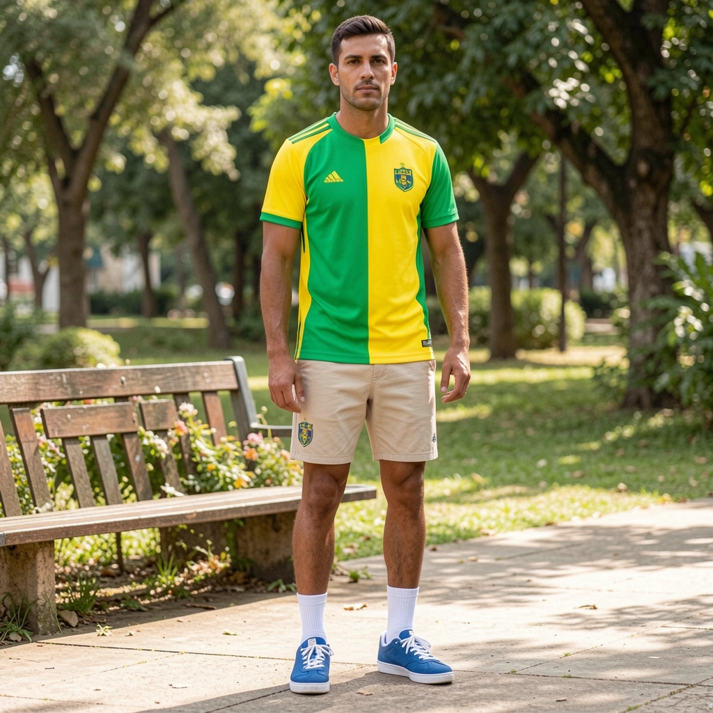 Camisa amarela e verde, meias brancas e tênis azuis em fundo de gramado natural.