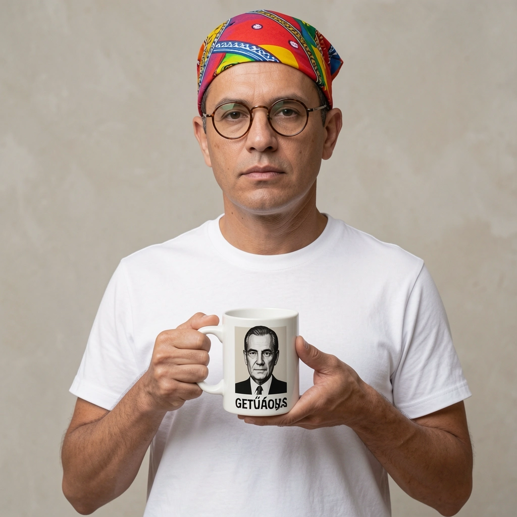 Camiseta branca, óculos redondos, bandana estampada e caneca com rosto de Getúlio Vargas.
