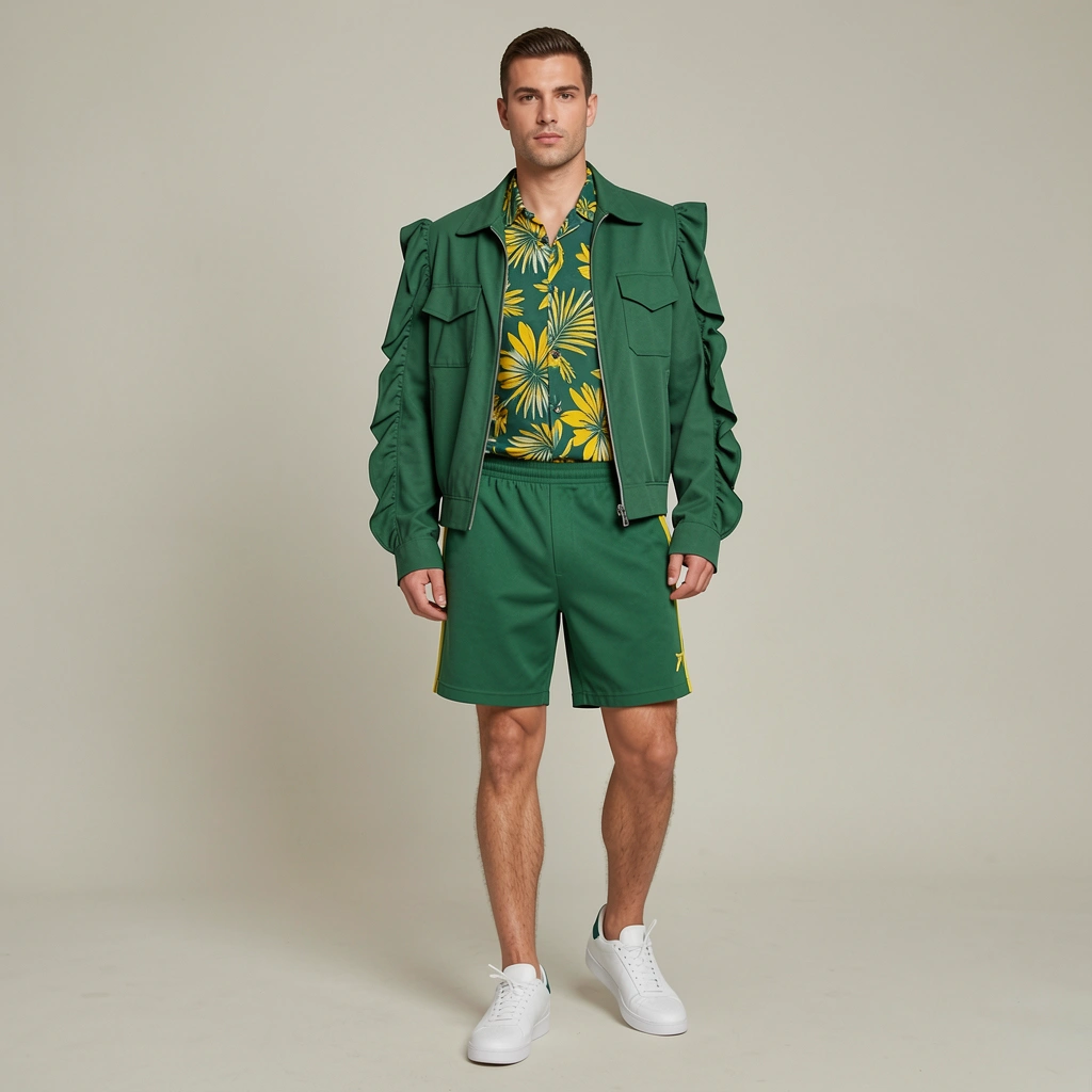 Camisa verde e amarela estampada, shorts verde escuro e tênis branco sobre fundo neutro.