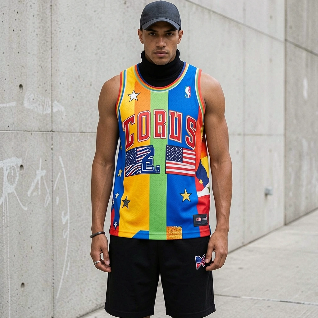 Jersey vibrante de basquete com estrelas e regata de gola alta em contraste, sobre fundo neutro.