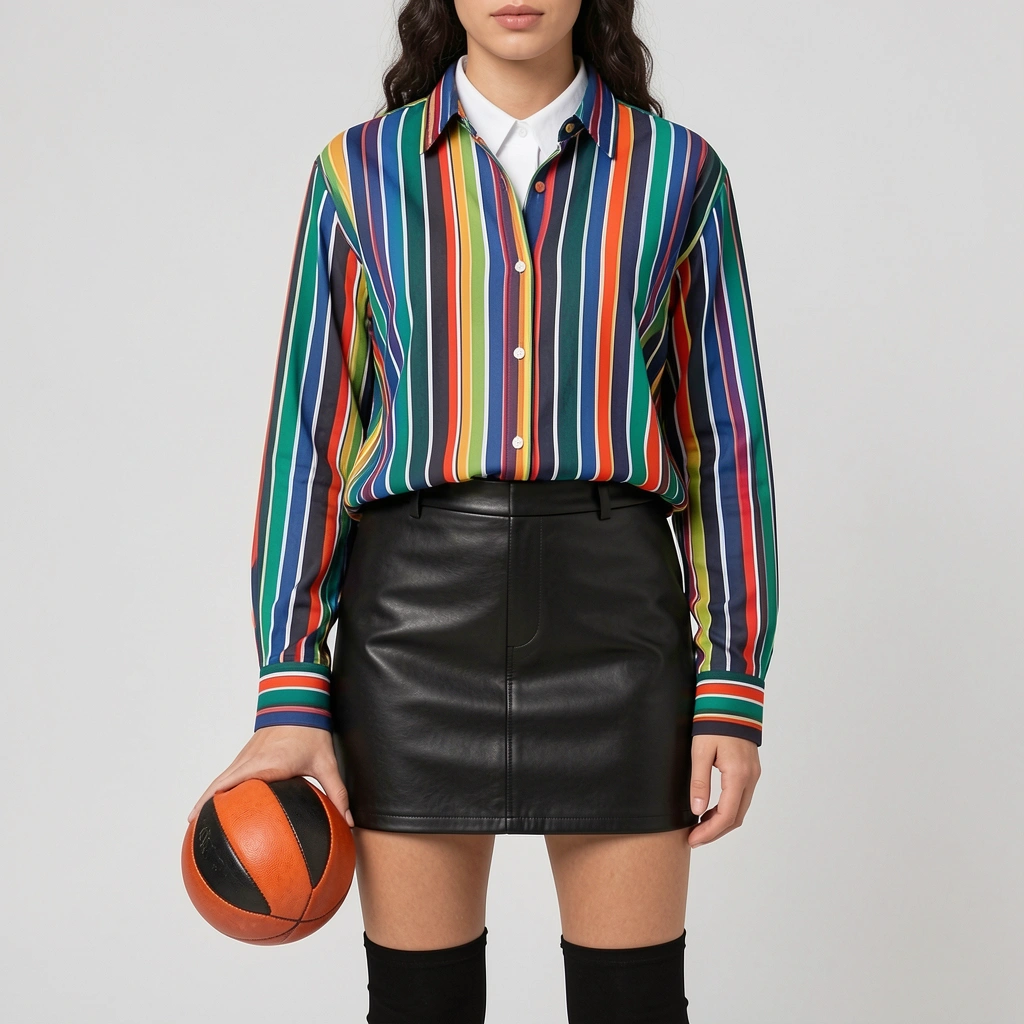 Camisa listrada verde e amarela sobre gola rolê branca, saia de couro preta e meia-calça cano alto, com bola nas mãos.