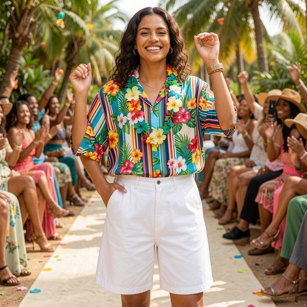 Camisa listrada verde e amarela, shorts branco estruturado e acessórios florais tropicais.