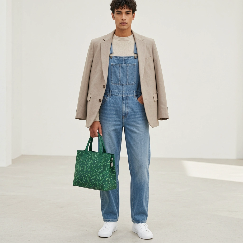 Suéter neutro sobre macacão jeans, blazer leve nos ombros, bolsa verde estampada e tênis branco.