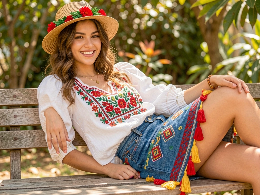 Jovem com blusa bordada e saia jeans com franjas coloridas deitada em banco rústico, chapéu de palha com guirlanda floral, fundo verde com luz salpicada.