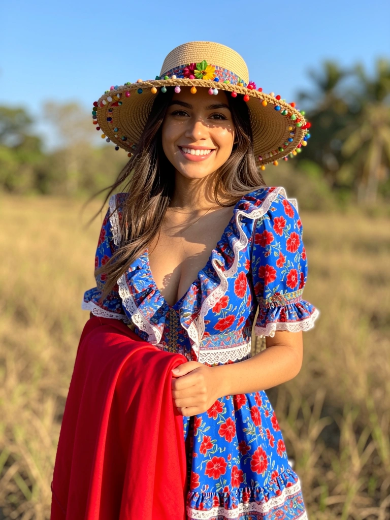 Jovem com vestido floral azul e vermelho, chapéu de palha com miçangas e flores, segurando xale vermelho em campo ensolarado e desfocado.