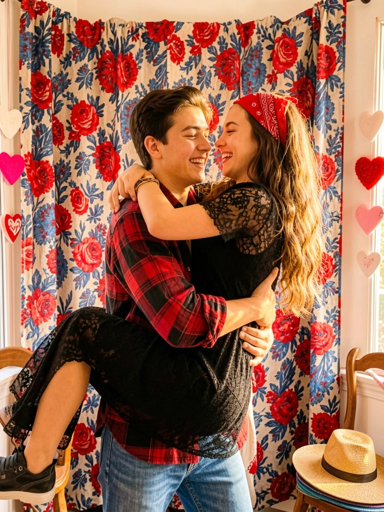 Jovem de camisa xadrez vermelha e preta erguendo mulher de top preto e bandana vermelha em ambiente com cortina floral e corações decorativos, luz natural.