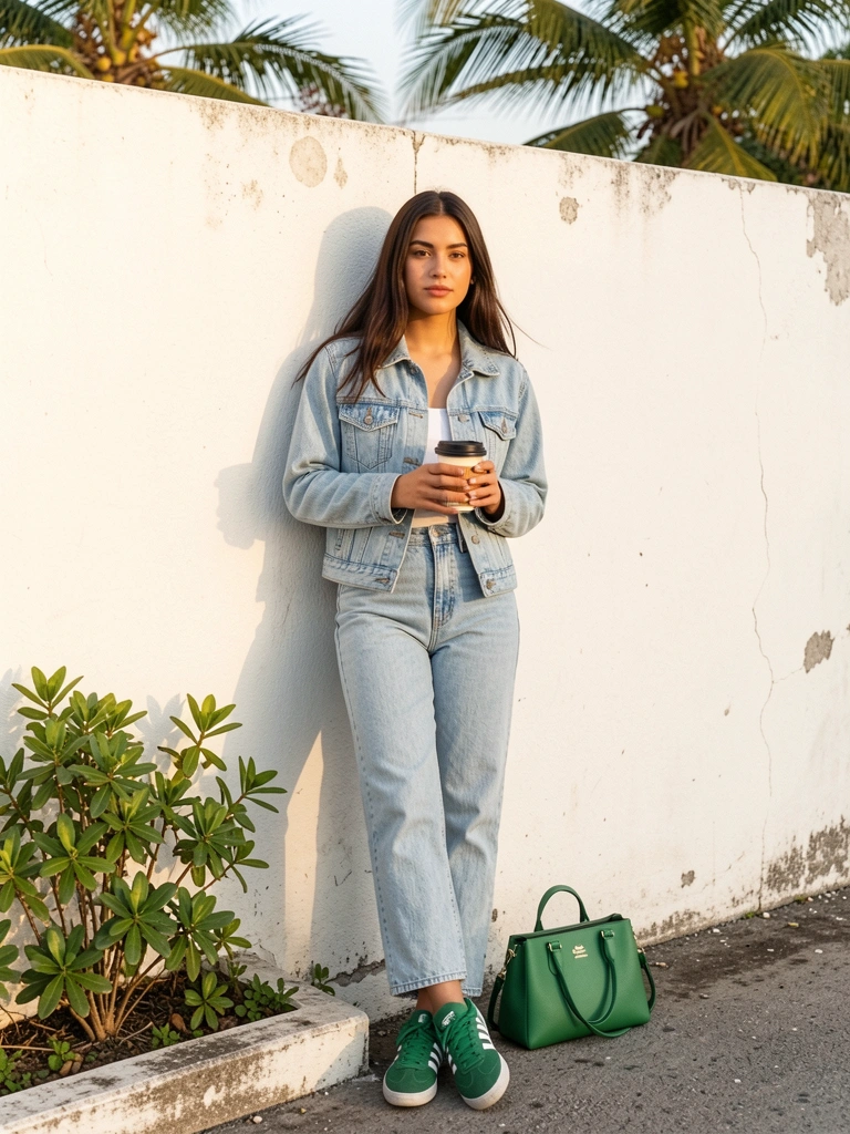 Jovem com jaqueta jeans azul e tênis verde encostada em parede de concreto branco texturizada, segurando café, bolsa verde ao lado, luz natural.