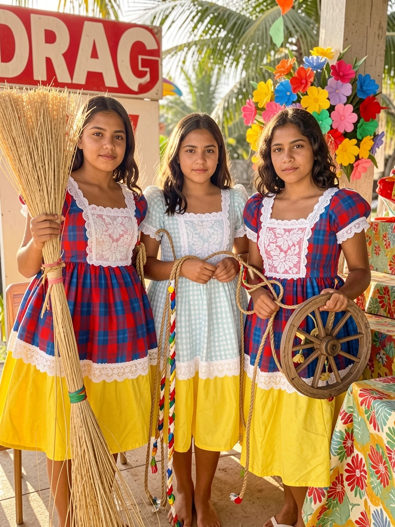 Três mulheres jovens em vestidos de Festa Junina: um vermelho e azul xadrez com corpete de renda e saia amarela, outro azul claro e branco xadrez, e um vermelho e azul xadrez; uma segura vassoura de palha, outra corda decorada e a terceira uma roda de carrinho; fundo com placa vermelha 
