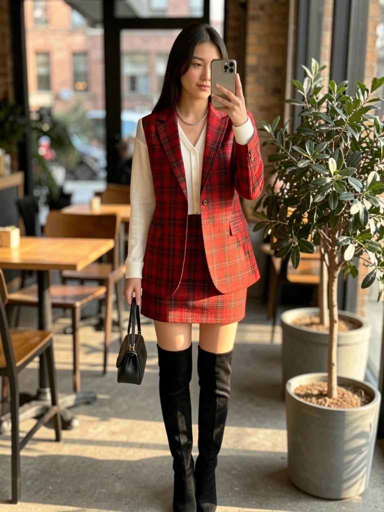 Jovem de blazer xadrez vermelho e preto com saia combinando, cardigan branco e botas de cano alto, tirando selfie em cafeteria urbana com luz natural e planta ao fundo.