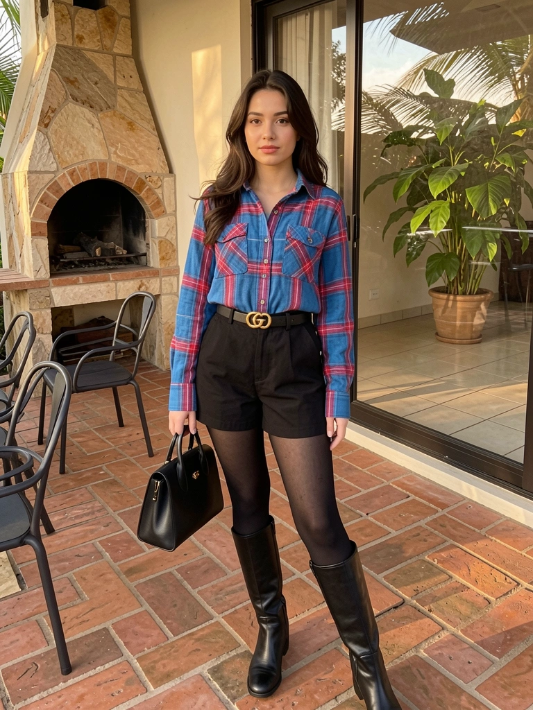 Jovem em camisa xadrez azul e vermelha, shorts preto, botas e bolsa, ao lado de forno de pedra e cadeiras de metal em pátio de tijolos, luz natural.