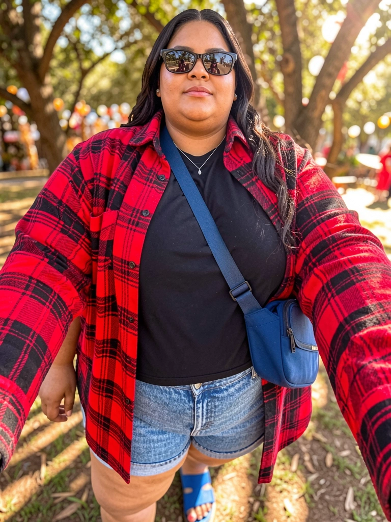 Mulher plus size com camisa xadrez vermelha e preta, shorts jeans, bolsa azul escura, óculos escuros e colar de prata, luz solar filtrada por árvores.