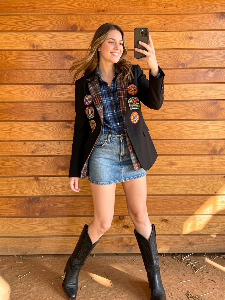 Moça de blazer preto com patches bordados e jaqueta xadrez azul e preta, segurando smartphone para selfie, fundo de parede de madeira texturizada iluminada por luz natural.