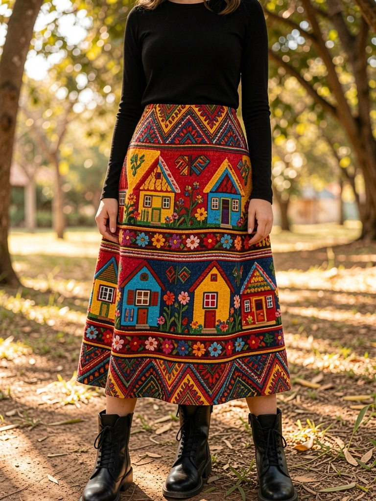 Jovem com saia estampada de Festa Junina em vermelho, amarelo, azul e verde, blusa preta e botas, luz filtrada por árvores ao ar livre.
