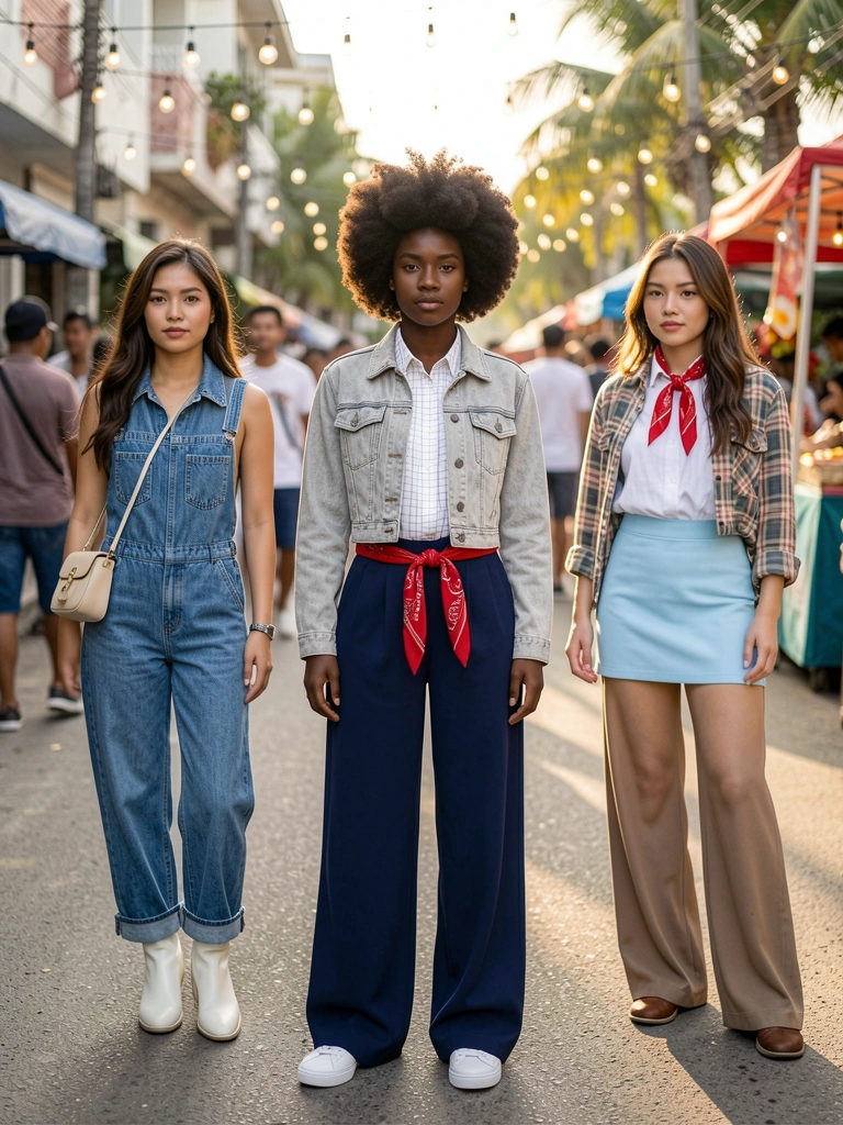 Jovem de jaqueta jeans clara e calça azul-marinho em rua com luzes de festa e fundo desfocado de pessoas e barracas.