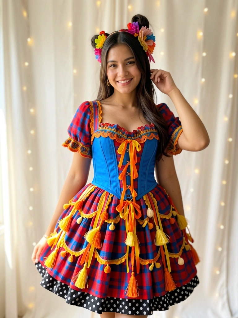 Moça sorrindo em vestido vermelho e azul com laços amarelos e laranja, espartilho azul, saia de bolinhas e flor no cabelo, cortina branca com luzes de fada ao fundo.