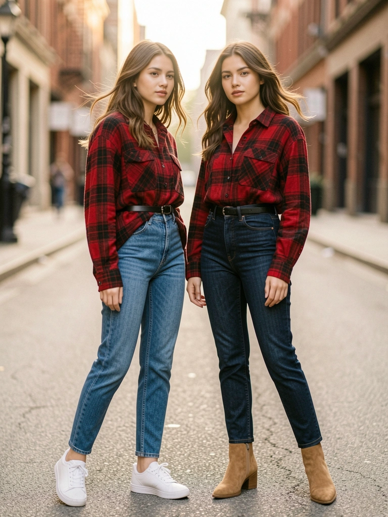 Camisas xadrez vermelhas e pretas em duas mulheres, uma de jeans azul e tênis branco, outra de jeans escuro e botas, fundo de rua desfocado com luz natural.