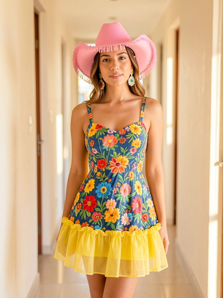 Jovem com vestido floral de saia amarela franzida e chapéu rosa de cowboy em corredor iluminado por luz natural.