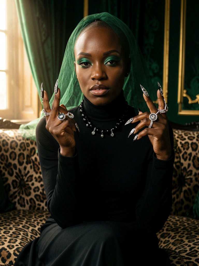 Mulher negra com véu verde e vestido preto sentada em sofá de oncinha, luz dramática e cortinas verdes escuras ao fundo.