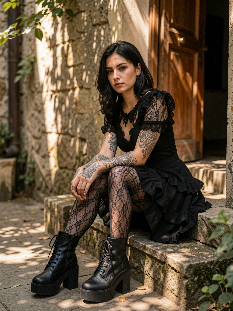 Jovem de cabelo escuro e tatuagens pretas nos braços, sentada em degrau de pedra, usando top de renda preta com mangas bufantes, saia preta, meia-calça rendada e botas plataforma; luz natural filtrada por folhas.