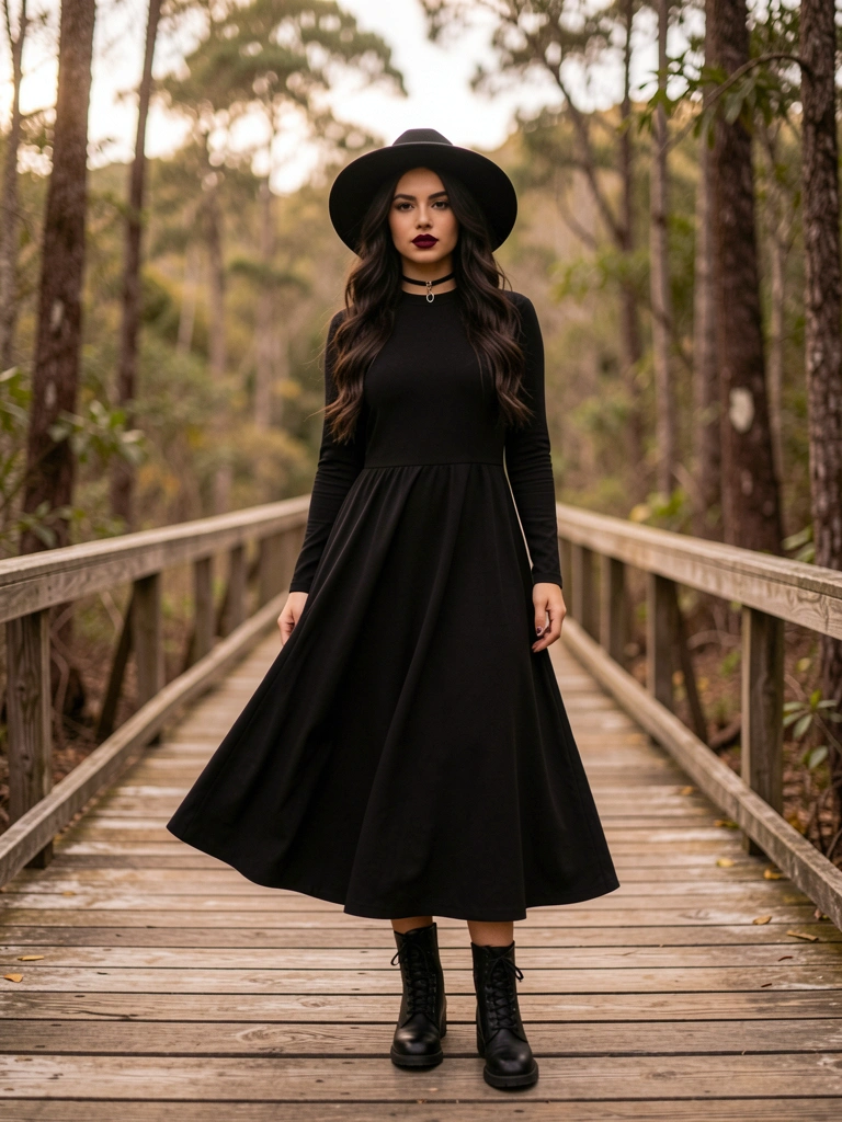 Mulher de vestido preto fluido e chapéu de aba larga em passarela de madeira na floresta, luz natural difusa e fundo desfocado.