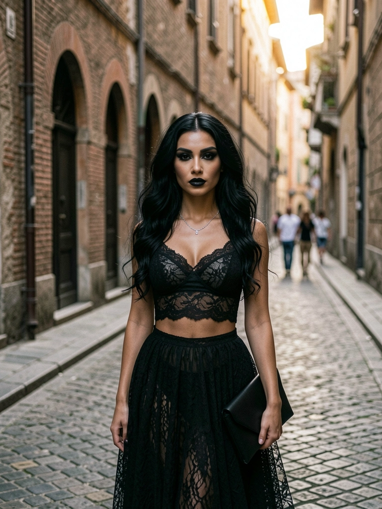 Mulher de cabelo preto e longo, blusa de renda preta e saia esvoaçante, em rua de paralelepípedos com prédios de tijolos ao fundo, luz dourada e difusa.