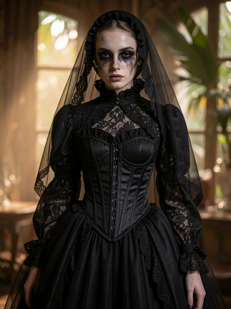 Vestido vitoriano preto com renda, gola alta e mangas bufantes; corset e véu preto; iluminação difusa e dramática.