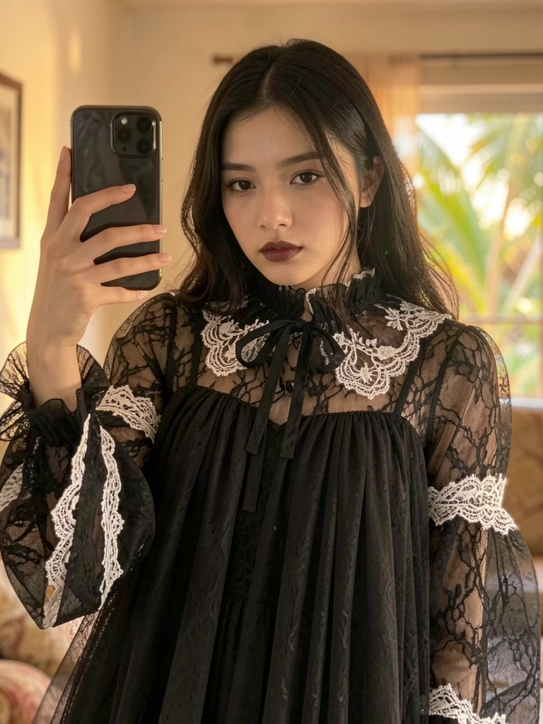 Mulher com vestido preto de tule e renda, gola franzida e laço no peito, segurando smartphone para selfie, fundo desfocado com luz quente.