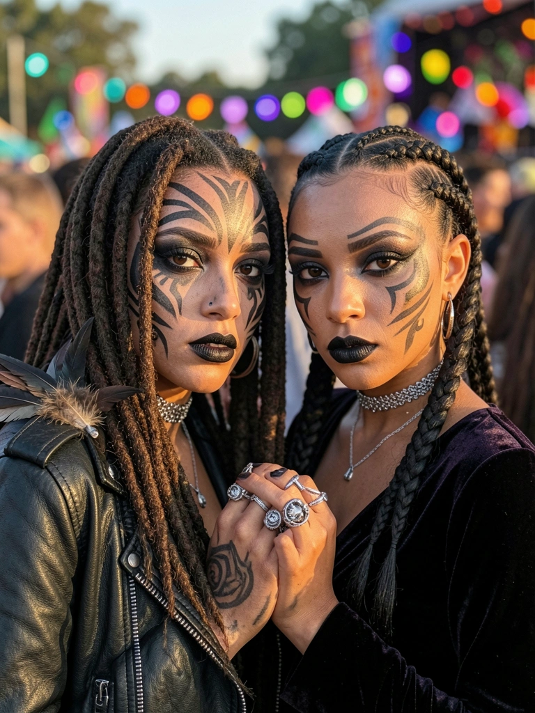 Duas mulheres com maquiagem gótica e pintura facial tribal, uma com dreadlocks e jaqueta de couro preta, outra com cabelo trançado e top de veludo escuro, joias de prata, fundo de festival ao ar livre com luzes coloridas e luz natural.