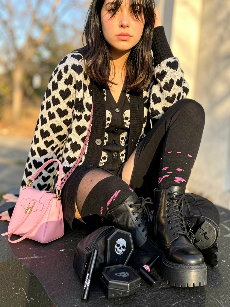 Jovem com cardigã de corações preto e branco, colete com caveiras, bolsa rosa e meias até o joelho, luz natural quente.