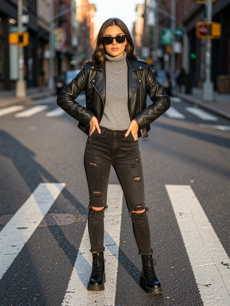 Mulher jovem de jaqueta de couro preta e calça jeans rasgada em pé sobre faixa de pedestres, luz do dia projetando sombra longa, prédios desfocados ao fundo.