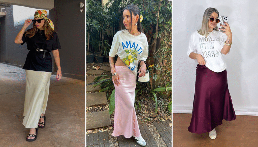 look saia midi cetim e camiseta