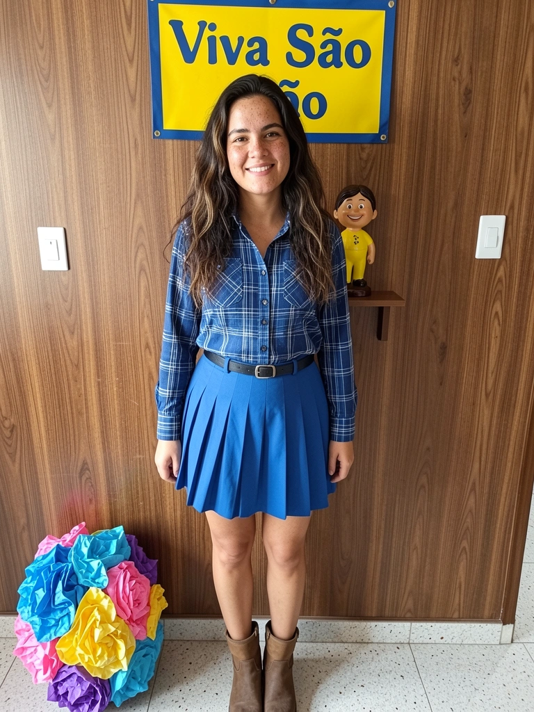 Saia plissada azul combinada com camisa xadrez azul, cinto e botas.