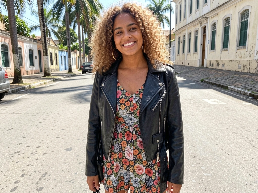 Jaqueta de couro preta sobre vestido florido, coturno e maxi brinco dourado.