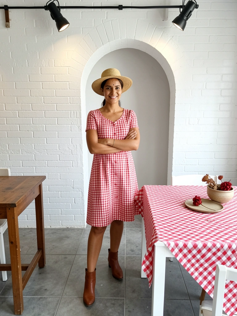 Mulher com chapéu de palha de aba média e vestido xadrez em fundo neutro.
