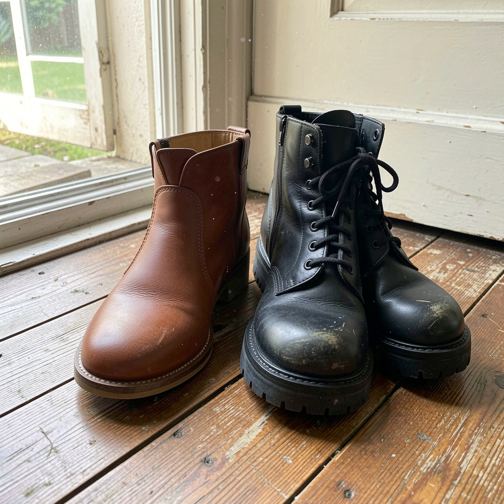Bota cano curto marrom e coturno preto lado a lado sobre piso claro.