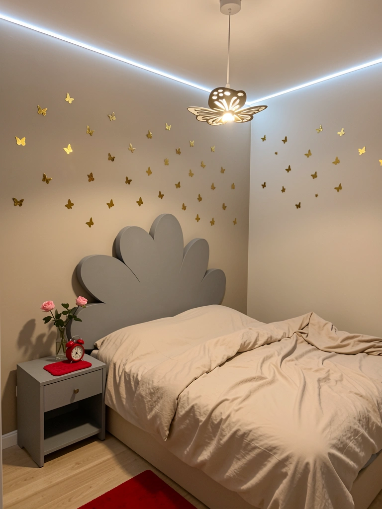 Quarto com luminárias pendentes, abajur e luz embutida no teto, criando diferentes pontos de iluminação.