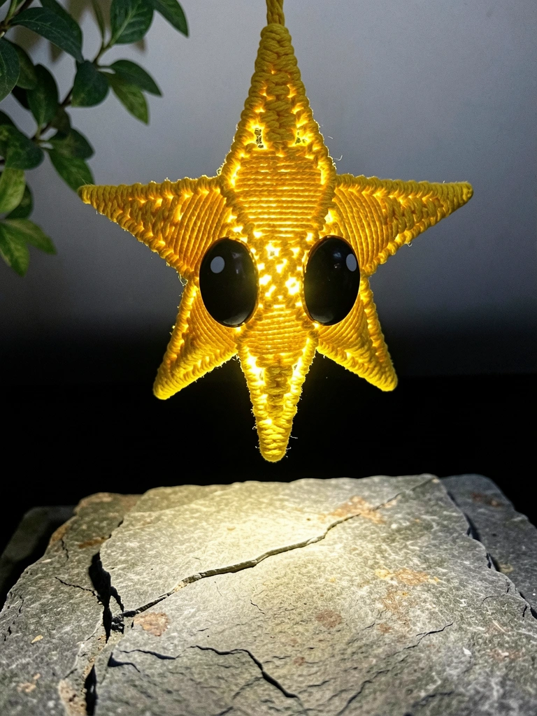 Luminária suspensa de macramê artesanal com franjas, pendurada no teto, iluminação suave.