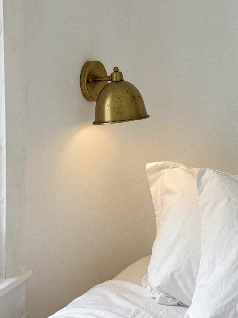 Arandela dourada fixada na parede ao lado de uma cama, iluminando o ambiente.