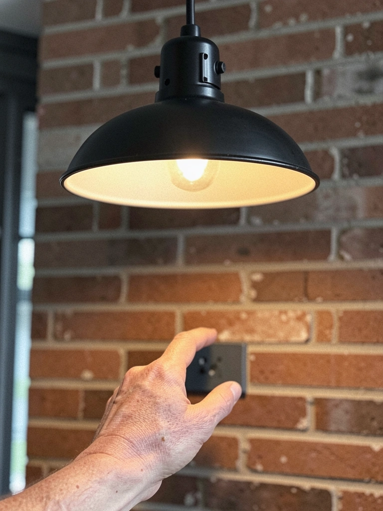Luminária pendente preta com design industrial pendurada por cabo metálico.