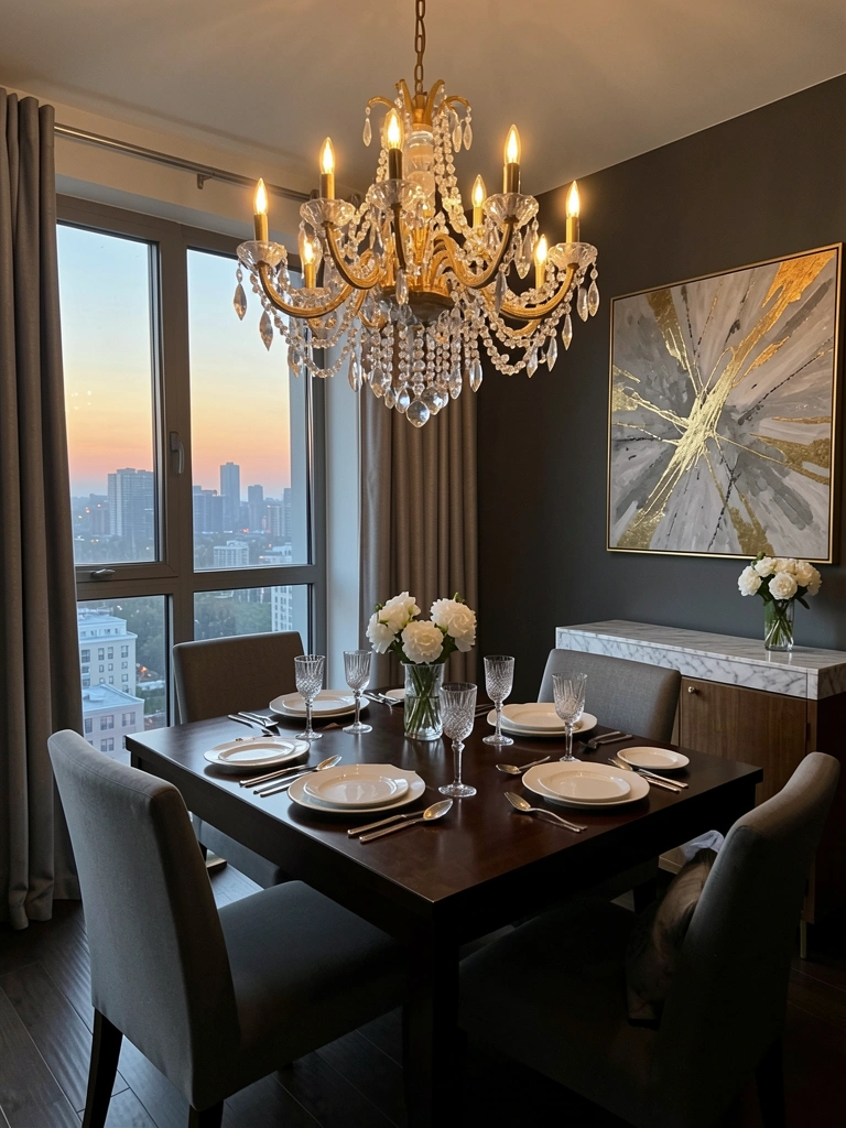 Lustre de cristal com detalhes dourados sobre mesa de jantar de madeira escura com pratos brancos, taças e talheres, cadeira estofada cinza, aparador de mármore, janela com vista urbana ao entardecer, parede cinza com pintura abstrata, flores brancas, piso de madeira e cortinas.