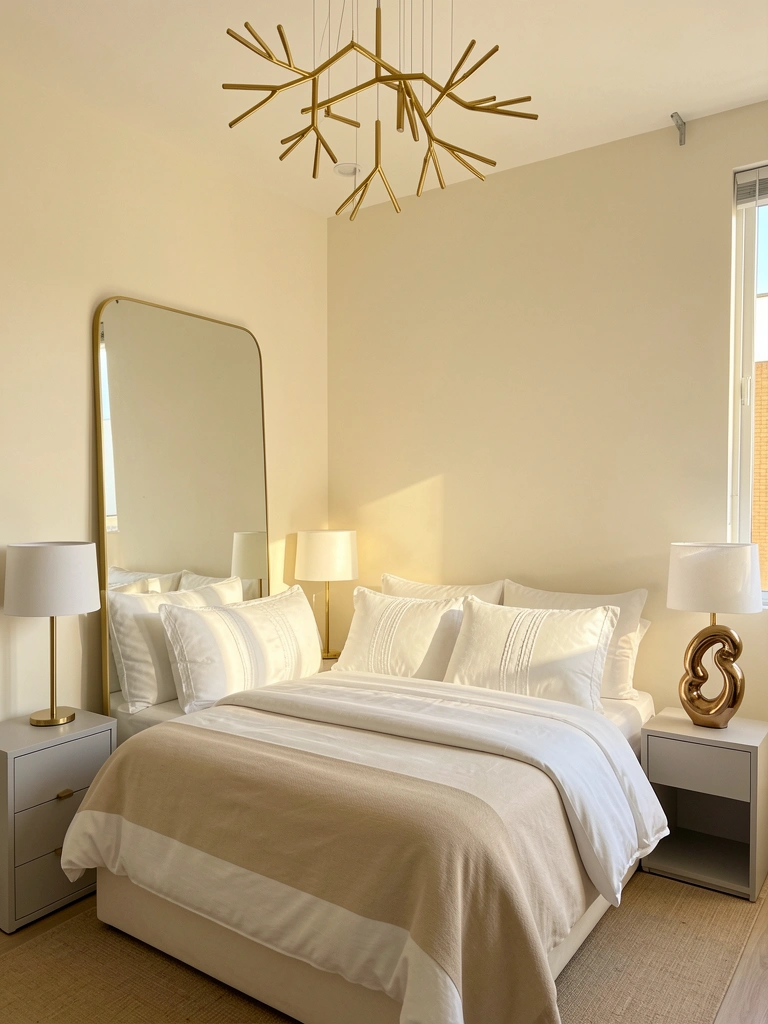 Cama com colcha bege e edredom branco, luminárias de base dourada, espelho com moldura fina dourada e lustre de galhos dourados.
