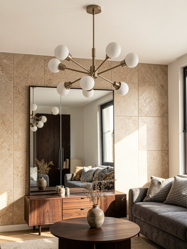 Lustre ajustável de cinco braços com lâmpadas brancas pendurado em teto branco, refletido em espelho grande com azulejos bege atrás, mesa de centro redonda marrom escura e sofá cinza