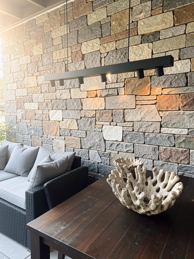 Parede de pedra rústica com lustre preto moderno de cinco spots sobre mesa de madeira escura com tigelas de coral esculpidas, almofadas cinza em cadeira de vime à esquerda, luz natural difusa.