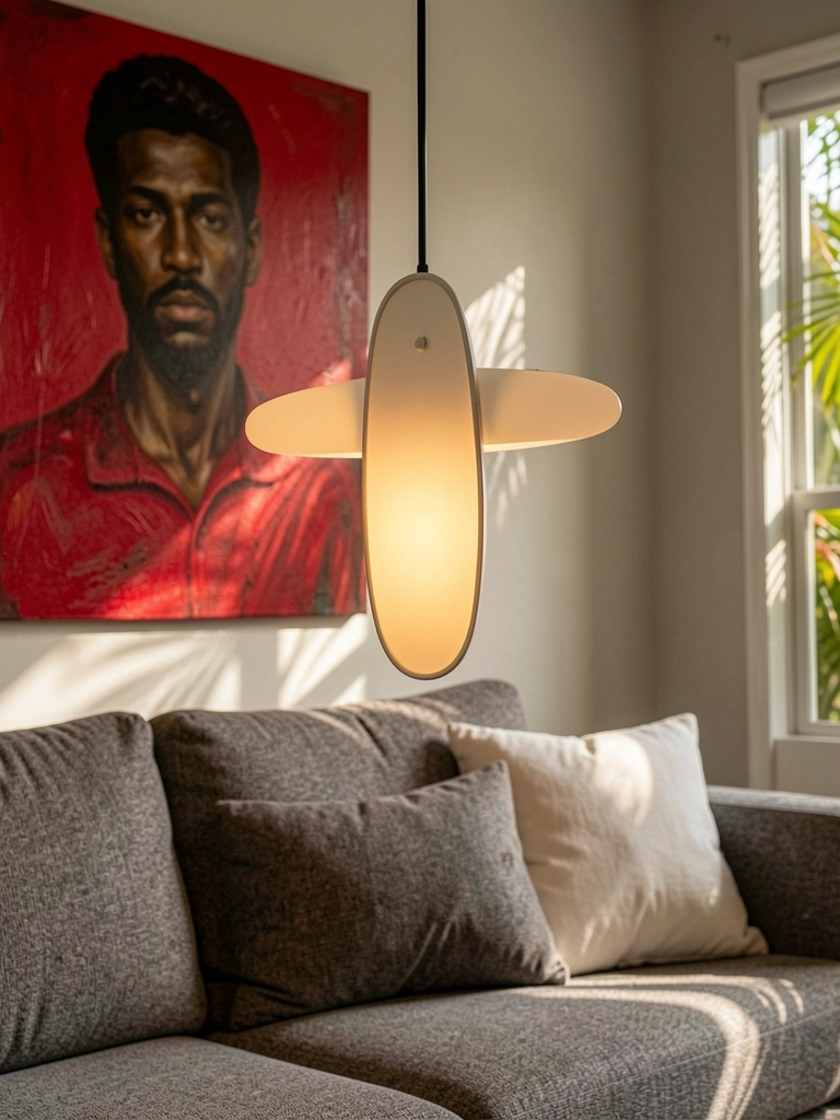 Luminária pendente oval preta sobre sofá cinza texturizado com almofada branca, quadro abstrato vermelho ao fundo e luz natural filtrada.