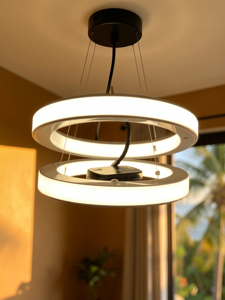 Luminária pendente com três anéis concêntricos de luz branca, suspensa por cabos de teto preto, fundo desfocado com janela e paisagem tropical.