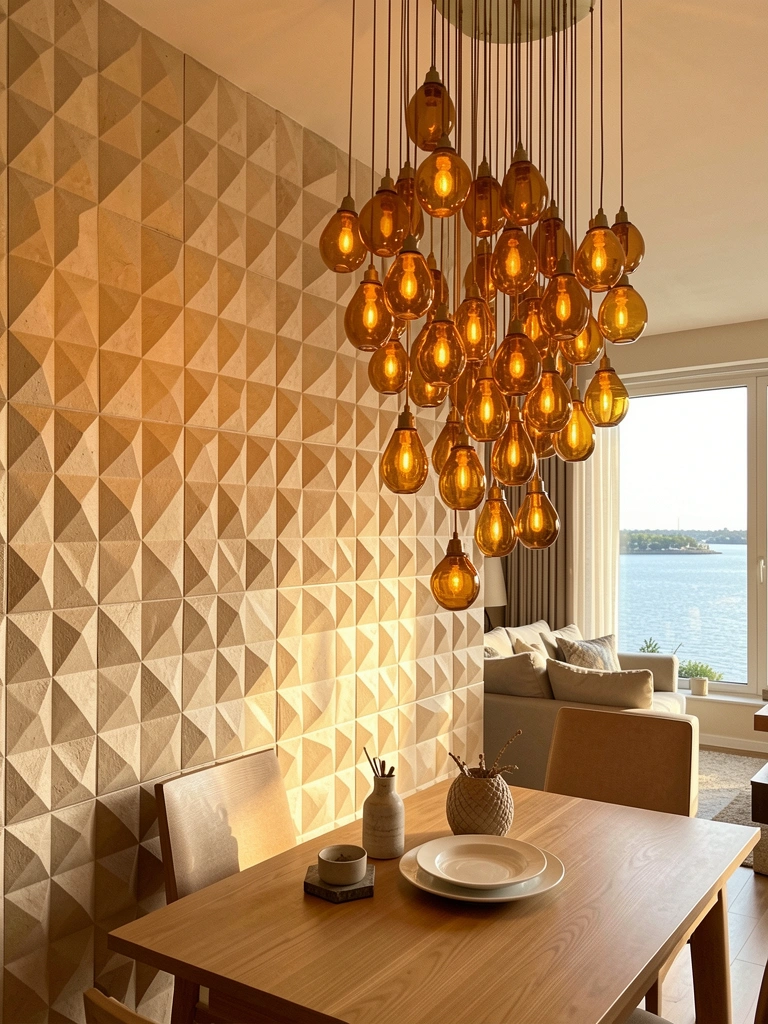 Candelabro pendente com bulbos âmbar sobre mesa de madeira com prato branco, parede texturizada em cubos bege e sofá ao fundo com vista para água.